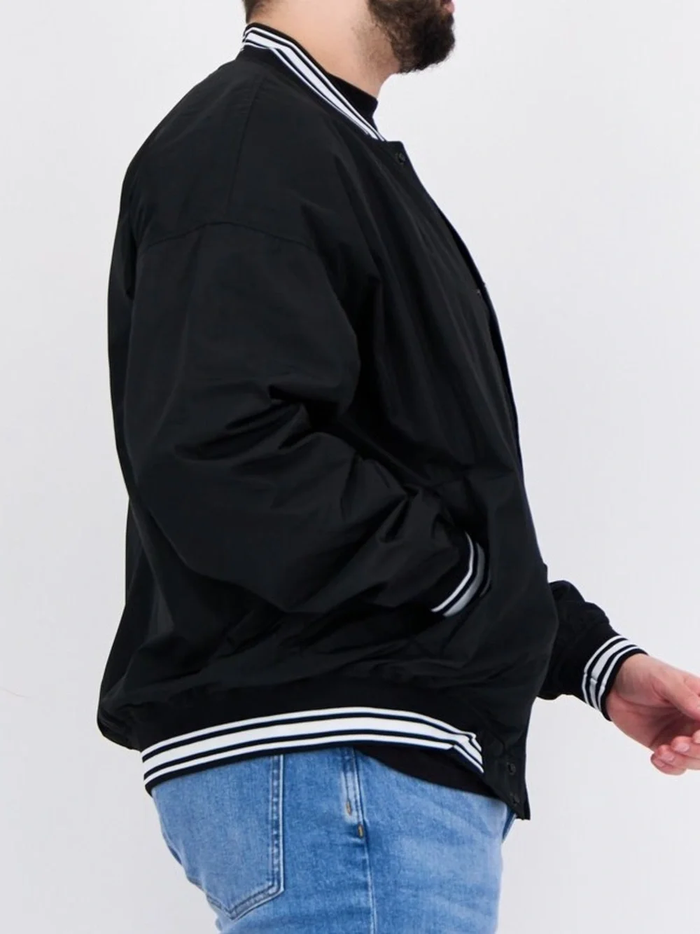 Pull&Bear Men’s Black Bomber Jacket with White Striped Trim